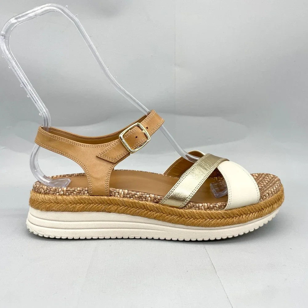 Vionic Womens 9 Mar Platform Sandals Tan Gold Leather Strappy Espadrille Wedge - Picture 1 of 12